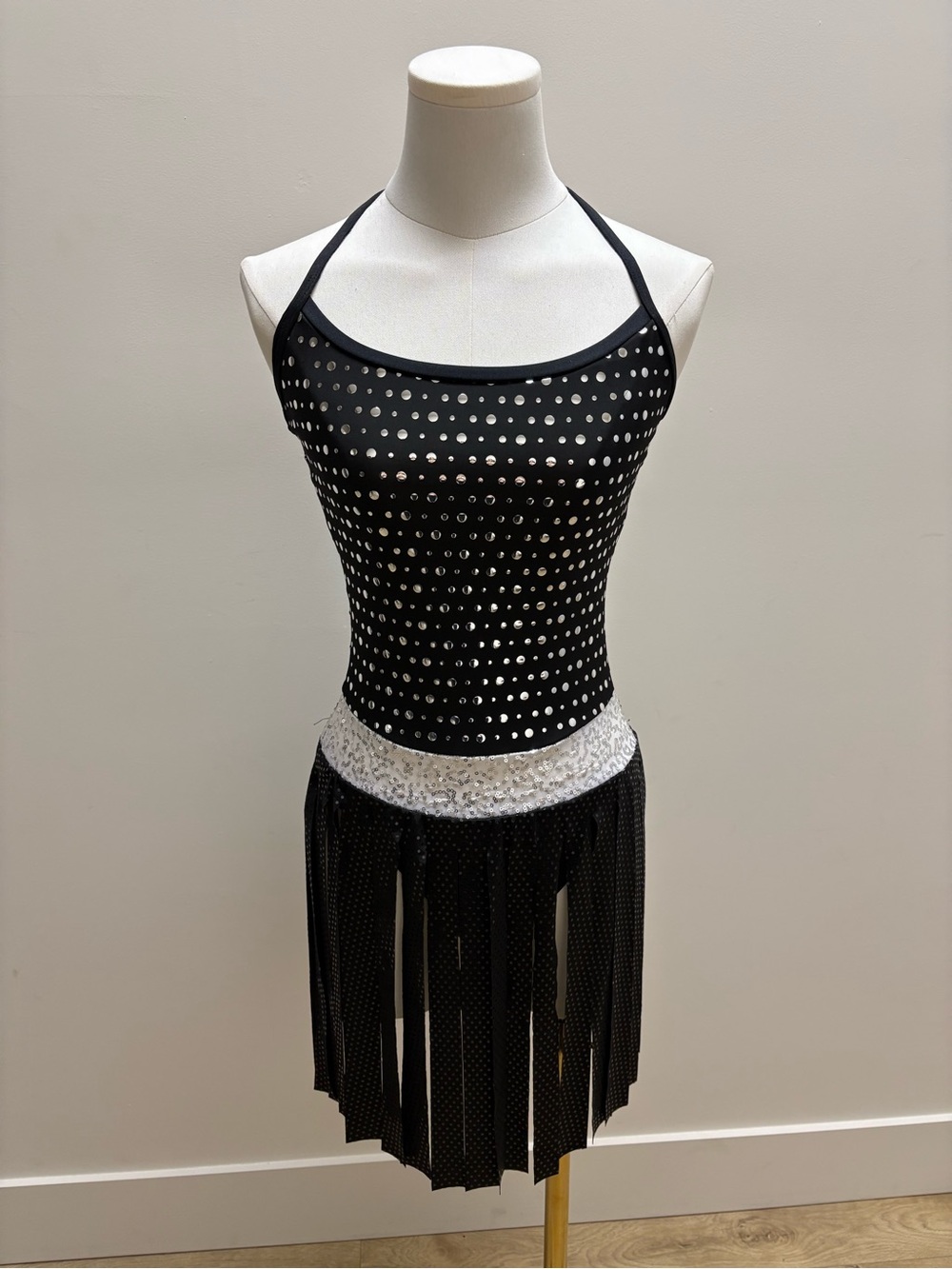 Black Sequin Halter Dance Costume with Silver Accents